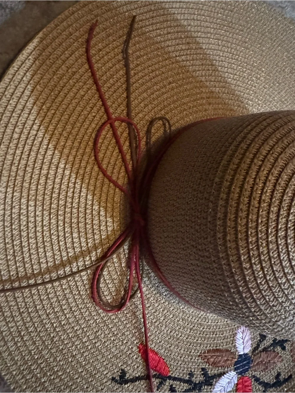 Wonderly Tan Wide-Brim Sun Hat with Embroidered Floral Detail